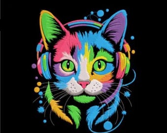 DJ kat met koptelefoon machineborduurontwerp - heldere veelkleurige muziek Kitty Kit Puss For Animal Cats Lovers, kleurrijk, veel kleuren