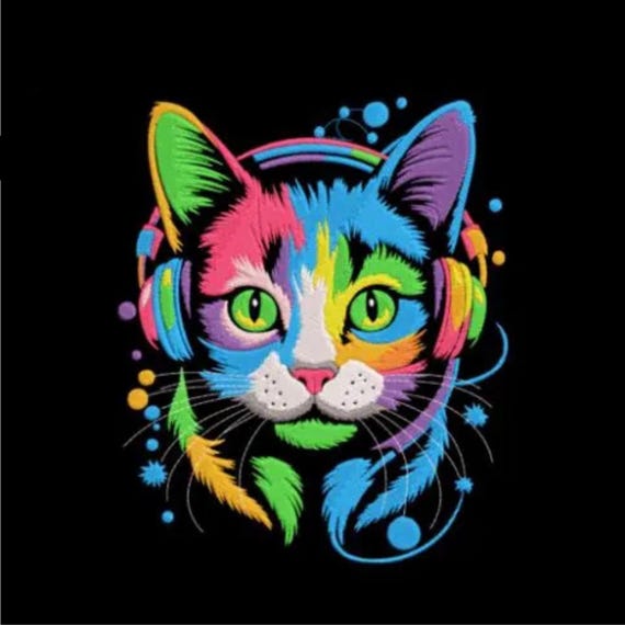 DJ Cat with Headphones Machine Embroidery Design - Bright Multicolor Music Kitty Kit Puss For Animal Cats Lovers, Colorful, A Lot Of Colors