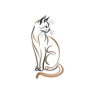 Könnte beinhalten: Minimalistische Strichzeichnung einer sitzenden Katze, in Braun- und Schwarztönen auf weißem Hintergrund. Die Katze ist im Profil dargestellt, mit eingerolltem Schwanz und Blick zur Seite. Ein schlichtes, elegantes Design.
