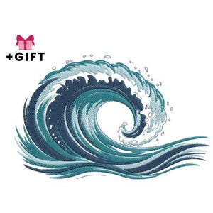 Peut inclure: Motif brodé d'une grande vague océanique dans des tons de bleu et de sarcelle, avec de l'écume blanche. La vague est représentée de manière tourbillonnante et stylisée. Un coffret cadeau rose avec un nœud et le texte "+CADEAU" sont dans le coin supérieur gauche.