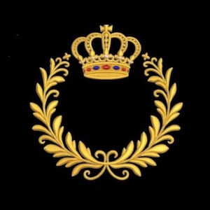 Diseño de bordado a máquina de corona real - Coronas y guirnaldas doradas, atributo lujoso y rico, rey y reina, oro amarillo anaranjado, floral