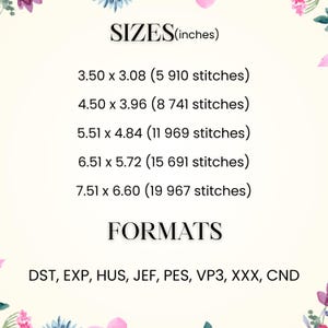 Peut inclure: Texte blanc sur fond clair indiquant les tailles de broderie en pouces, de 3,50 x 3,08 &agrave; 7,51 x 6,60, avec le nombre de points. Il r&eacute;pertorie &eacute;galement les formats de fichiers de broderie : DST, EXP, HUS, JEF, PES, VP3, XXX et CND.