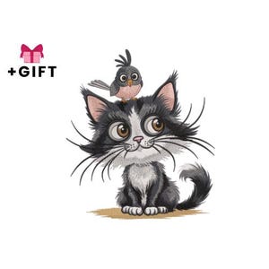 Cat Embroidery Design, Cute Cat and Bird Machine Embroidery Design, Fluffy Crazy Cat, Couple, Kitty, Cartoon Kitten With Big Eyes, Friends
