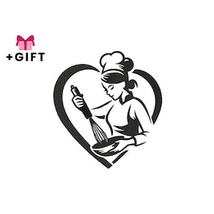 May include: Black and white illustration of a chef inside a heart shape, holding a whisk and bowl. The image includes a pink gift box with a bow and the text "+GIFT".
