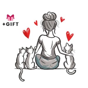 Puede incluir: Ilustración de una persona con un moño, sentada con tres gatos. La persona lleva una camisa blanca y pantalones azules. Corazones rojos flotan arriba. Las palabras "+REGALO" están encima de una caja de regalo rosa.