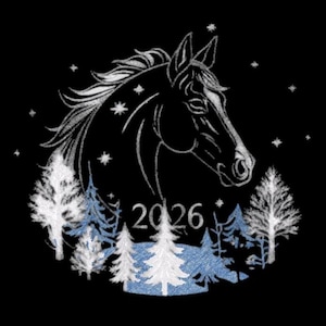 May include: Black graphic design featuring a horse head with a flowing mane, surrounded by stylized winter trees and stars. The year "2026" is displayed below the horse. The design is in white and light blue.
