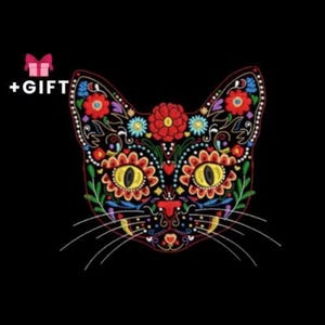 Diseño de bordado de gato, archivo de bordado a máquina con cara de gatito mexicano ornamental floral, descarga instantánea