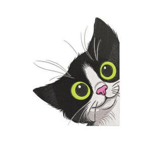 May include: A whimsical embroidered design of a cat's face, featuring black and white fur, bright green eyes, and a pink nose. The cat's head is turned slightly, giving a playful peek-a-boo effect. This design is perfect for cat lovers.