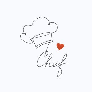 Può includere: Un disegno a tratto minimalista di un cappello da chef con la parola "Chef" in corsivo. Un piccolo cuore rosso è accanto al cappello. Il design è su sfondo bianco.