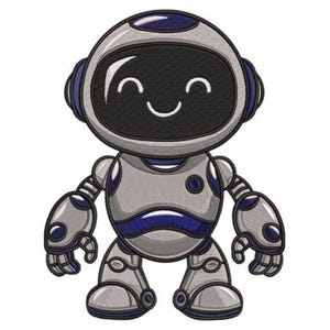 以下が含まれることがあります： グレーとブルーの色合いで描かれた、笑顔のロボットのイラスト。 ロボットは、暗い画面と笑顔の口を持つ丸い頭をしています。 その体と手足は陰影で詳細に描かれており、2本の足で立っています。