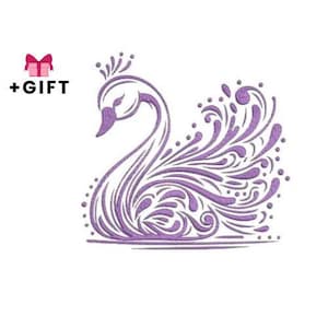 May include: A purple swan design with intricate swirling details. The swan is depicted with a graceful neck and a crown. The image includes the text "+GIFT" with a pink gift box icon, suggesting a gift item.