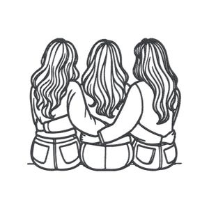 May include: Line art illustration of three figures embracing. The figures are seen from the back, with long, wavy hair and wearing casual clothing. The image is in black and white, with a simple, clean design.
