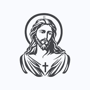 May include: A black and white illustration of Jesus Christ, depicted with long hair, a beard, and a halo. A cross is positioned on the chest. The image is a graphic representation suitable for religious or spiritual themes.