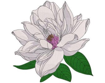 May include: Detailed illustration of a white magnolia flower with a purple center and green leaves. The flower's petals are intricately shaded, creating a textured appearance. The design is set against a clean white background.