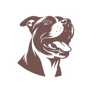 Puede incluir: Ilustración marrón y blanca de la cabeza de un perro, mirando hacia arriba con la boca abierta y la lengua extendida. Los rasgos del perro son detallados, con énfasis en los ojos, la nariz y la boca. La imagen está sobre un fondo blanco.