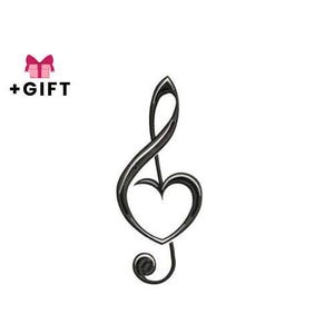 May include: A black and silver treble clef with a heart-shaped design. The musical symbol is set against a white background, with the text "+GIFT" and a pink gift box in the upper left corner.