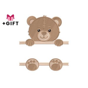 May include: A brown teddy bear design with a stitched appearance, holding onto a horizontal bar. Below, two paw prints are connected by a bar. The text "+GIFT" is above the bear, next to a pink gift box.