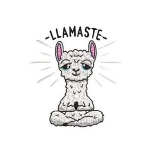 Op de afbeelding: Illustratie van een wit lama-cartoon in een zittende yogahouding met de tekst "-LLAMASTE-" erboven. De lama heeft roze oren, blauwe ogen en een serene uitdrukking. Lichtgrijze lijnen stralen uit het hoofd van de lama.