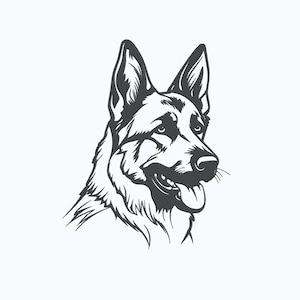May include: A black and white illustration of a German Shepherd dog's head. The dog is depicted in profile, with its mouth open and tongue extended. The dog's fur is detailed, and the image has a clean, minimalist style.