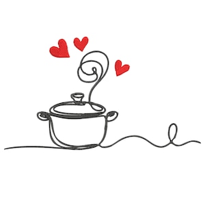 Op de afbeelding: Een lijntekening van een kookpot met stoom die opstijgt en drie rode harten die erboven zweven. De pot heeft twee handvatten en een deksel. Het ontwerp is in zwart en rood op een witte achtergrond.