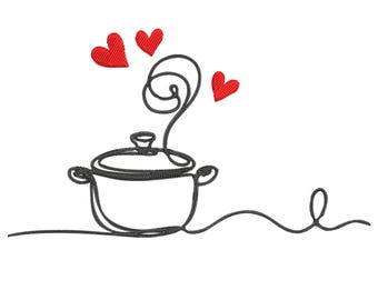 May include: A line drawing of a cooking pot with steam rising and three red hearts. The pot has two handles and a lid. The steam curls upwards, and the hearts are scattered above the pot.
