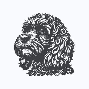 May include: A detailed monochrome illustration of a dog's head, with a fluffy, curly coat. The dog's face is rendered with intricate line work, showing its nose, eyes, and mouth. The image is set against a plain white background.