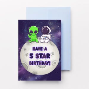 Biglietto di auguri per il 5° compleanno stampabile, download digitale a tema spaziale, biglietto di auguri con alieni e astronauti, biglietto di auguri per il 5° compleanno per bambini, PDF di compleanno galattico