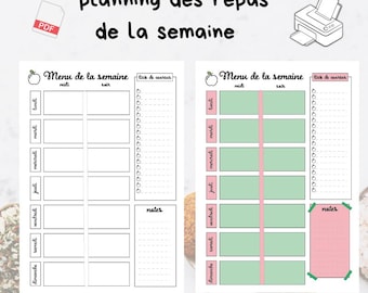 Könnte beinhalten: Zwei druckbare Wochenessensplaner mit dem Text "planning des repas de la semaine". Ein Planer ist leer, der andere hat rosa und grüne Akzente. Jeder hat Abschnitte für die Wochentage, Essenszeiten und eine Einkaufsliste.