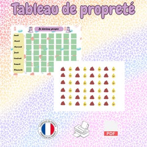 Może przedstawiać: Wydrukowany wykres z tekstem "Tableau de propreté" i "Je deviens propre". Wykres zawiera miejsca na każdy dzień tygodnia i naklejki. Tło to pastelowy nadruk w cętki.