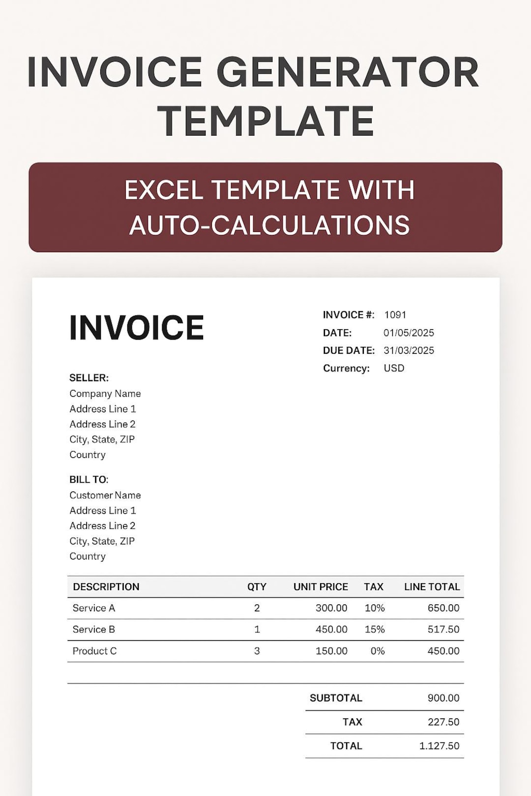 Professional Invoice Template | VAT, Subtotal, Total | Editable Excel ...