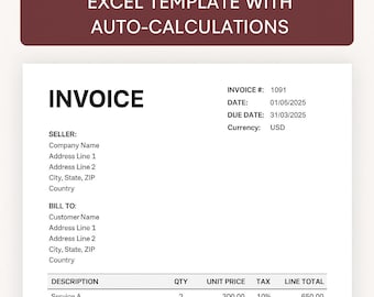 Professional Invoice Template | VAT, Subtotal, Total | Editable Excel