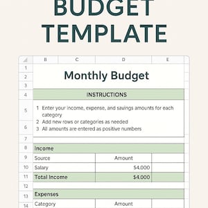 Può includere: Modello di budget mensile digitale con il titolo "MONTHLY BUDGET TEMPLATE" in grandi lettere verde scuro. Il foglio di calcolo include sezioni per entrate, spese e istruzioni.