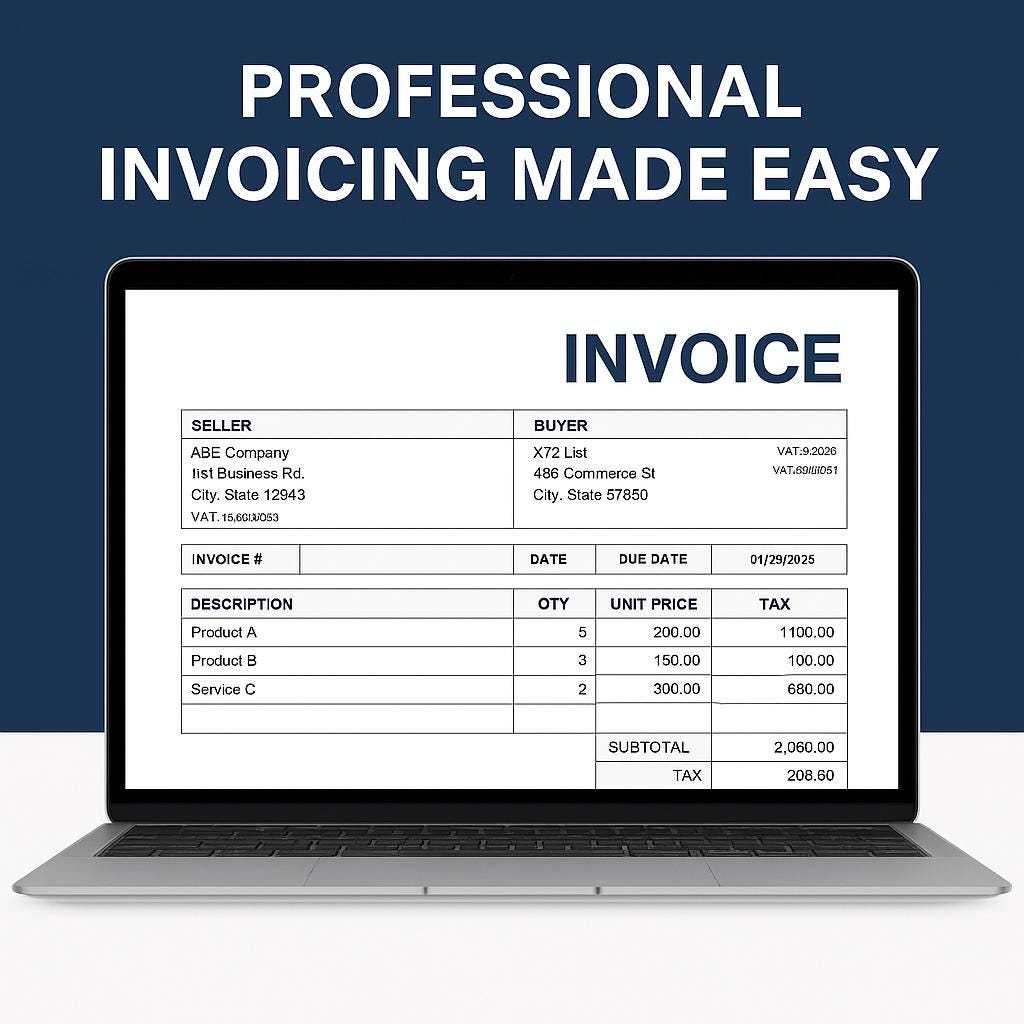 Professional Invoice Template | VAT, Subtotal, Total | Editable Excel ...
