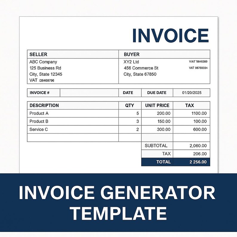 Professional Invoice Template | VAT, Subtotal, Total | Editable Excel ...