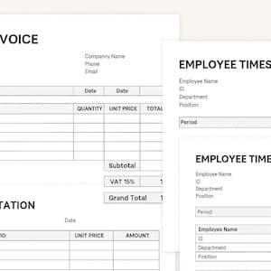 May include: A black and white printable tax invoice template with a section for description, quantity, unit price, and total. There is also a section for a quotation with a description, unit price, and amount.