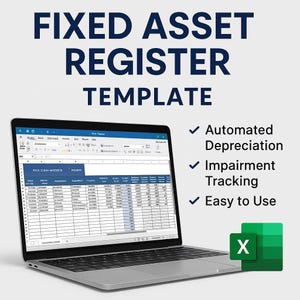 Puede incluir: Un ordenador portátil que muestra una hoja de cálculo con el título "FIXED ASSET REGISTER TEMPLATE". La hoja de cálculo incluye columnas para el nombre del activo, la descripción, la fecha de compra, el costo y la depreciación. El texto "Automated Depreciation", "Impairment Tracking" y "Easy to Use" se muestra en el lado derecho de la imagen. El logotipo de Microsoft Excel se muestra en la esquina inferior derecha de la imagen.