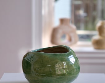 Handmade Ceramic Vase, Celadon Green Glaze, Round Organic Shape, Wabi Sabi Decor