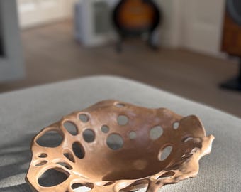 Handmade Ceramic Filigree Bowl: Sculptural Fruit Bowl, Organic Shape, Matte Brown Glaze