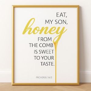 Póster bíblico de Proverbios 24:13 – Come miel, hijo mío | Versículo bíblico decorativo | Póster cristiano moderno | Arte mural sobre fe y mansedumbre
