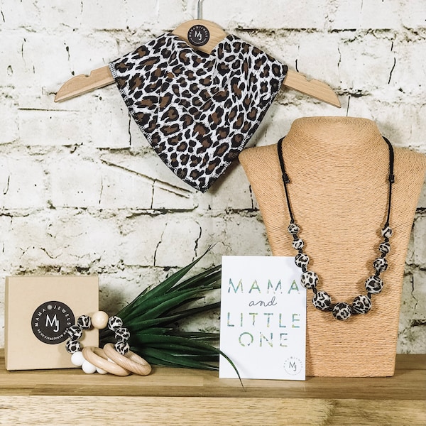 Leopard print Mum & baby gift set | Breastfeeding necklace | Teething Toy | Bandana Bib