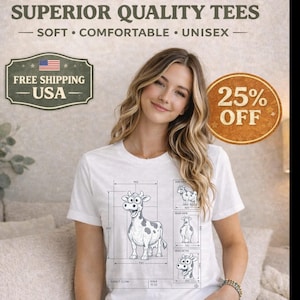 Può includere: Una maglietta bianca con un disegno di progetto di mucca dei cartoni animati. La maglietta è etichettata "Superior Quality Tees" e "Unisex". L'immagine include anche un badge "Free Shipping USA" e una promozione "25% OFF".