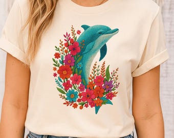 Floral Dolphin Shirt - Embroidered Ocean Animal Tee, Colorful Sea Flower Shirt, Boho Marine Life T-shirt, Dolphin Gift for Women