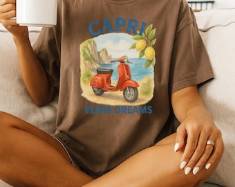 Vespa Dreams-skjorta - akvarell scooter-t-shirt, italiensk retro strandkonst, sommarresedesign, vintage Vespa-älskare, kustestetik