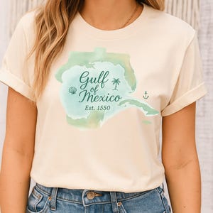 T-shirt avec carte du golfe du Mexique, aquarelle vintage, art de voyage côtier, souvenir de la côte du golfe, carte imprimée de la Floride, du Texas et du Mexique