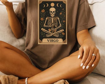 Virgo Skeleton Tarot Poster, Earth Sign Wall Art, Witchy Zodiac Print, Harvest Decor, Skeleton Holding Wheat