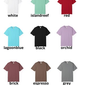 May include: Nine solid-color t-shirts in white, islandreef, red, lagoonblue, black, orchid, brick, espresso, and grey. Each shirt has a crew neck and short sleeves. The color of each shirt is labeled below.