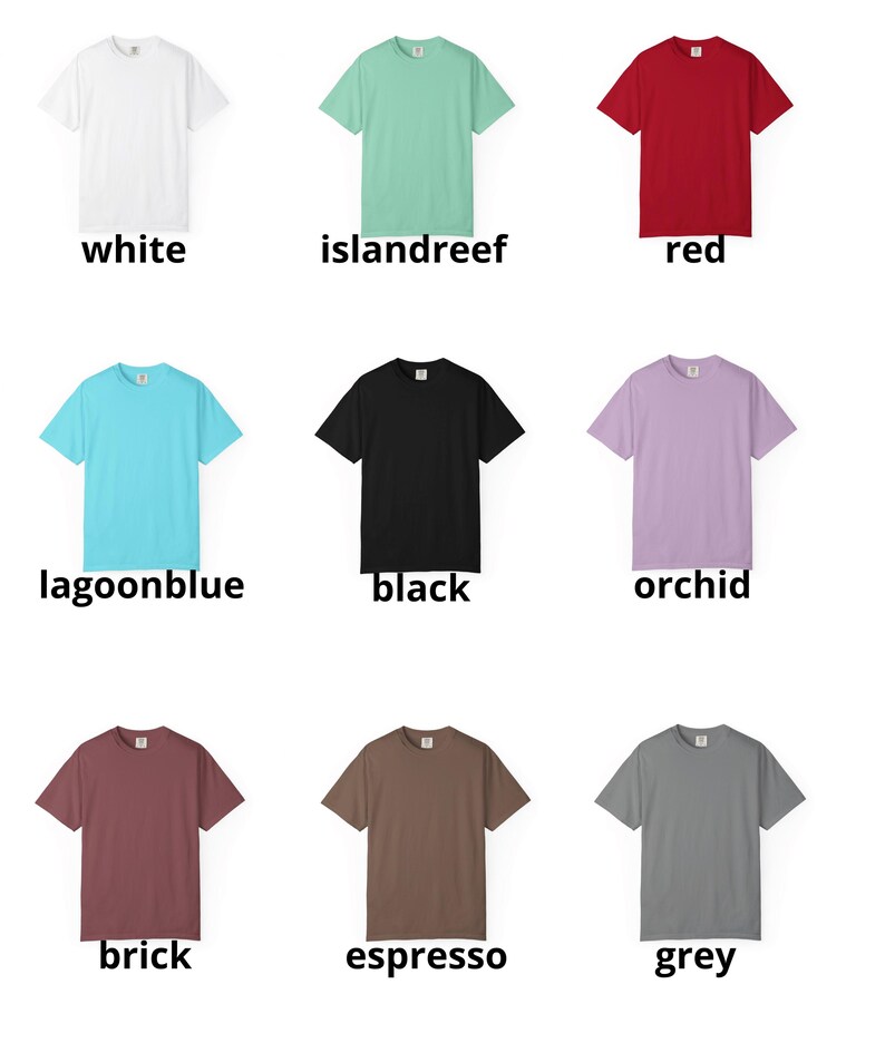 May include: Nine solid-color t-shirts in white, islandreef, red, lagoonblue, black, orchid, brick, espresso, and grey. Each shirt has a crew neck and short sleeves. The color of each shirt is labeled below.