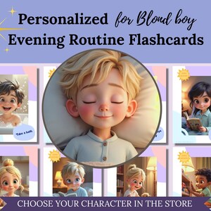 Tarjetas didácticas con la rutina visual para dormir para niños pequeños · Personaje de niño rubio · Horario nocturno imprimible para niños · Tabla Montessori
