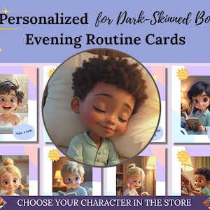 Black Boy Bedtime Routine Cards: Visual Evening Chart (Digital Download)