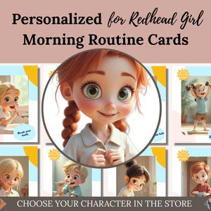 Personalized Redhead Girl Morning Routine Cards: Kids Visual Schedule (Digital Download)